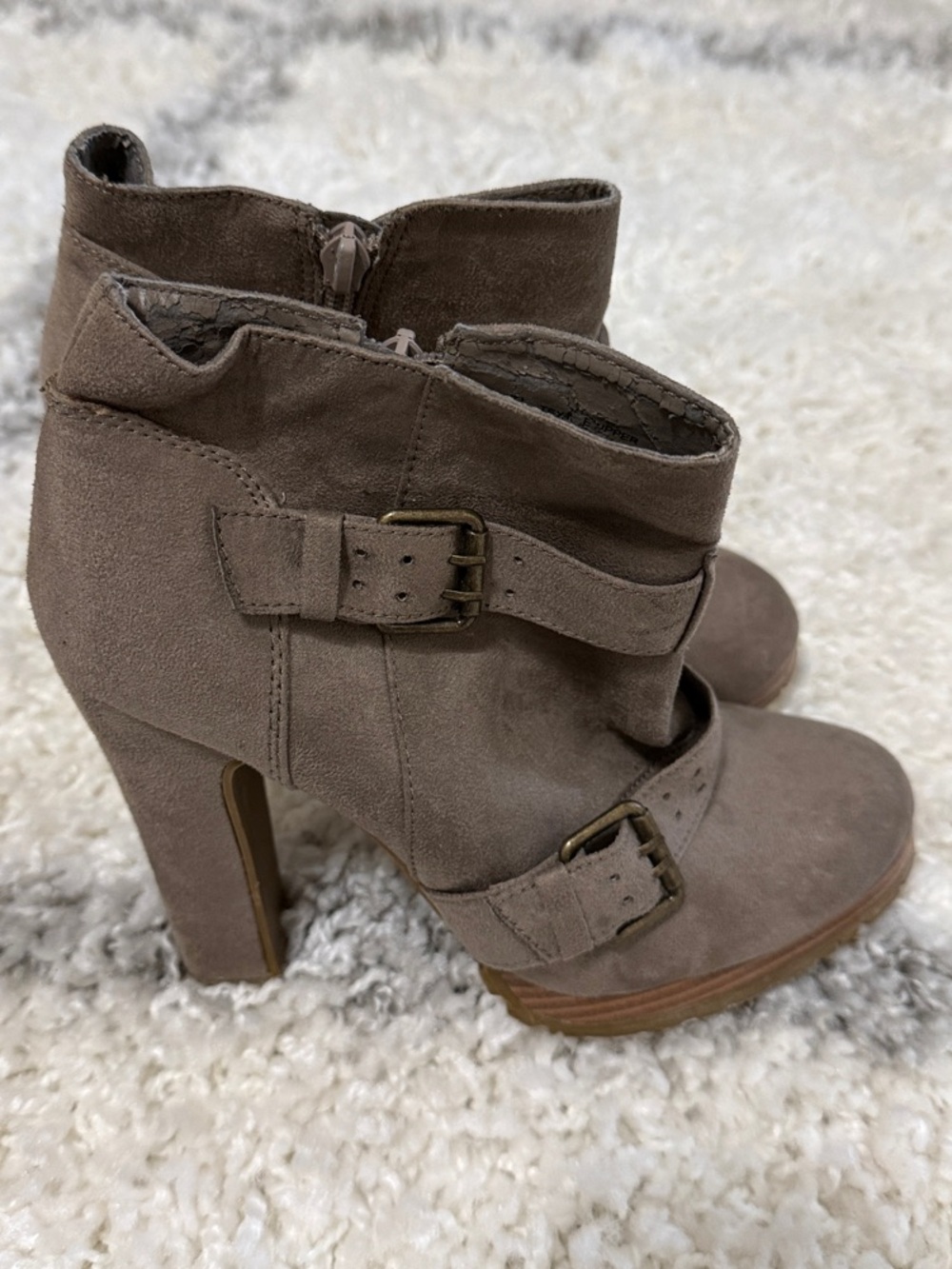 Mossimo Supply Co. Taupe Suede Buckle High-Heel Ankle Boots